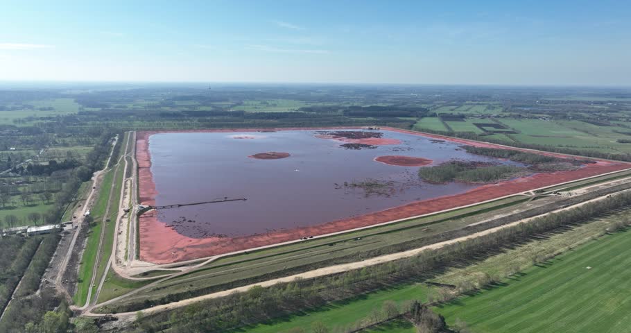 Red mud, aluminium tailings pond, bauxite residue, production process. Aerial drone view.