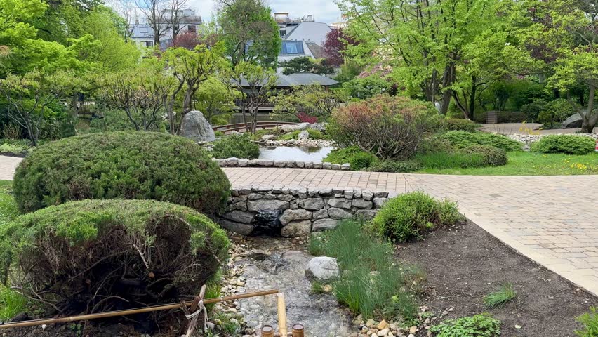 Peaceful scene from a Japanese garden in Vienna with a stone bridge, flowing stream, manicured bushes, and lush trees—capturing the harmony of nature and design in a tranquil urban oasis.