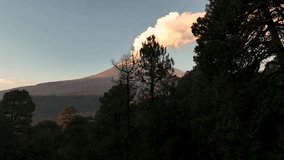 Elevating aerial: drone rises beyond dark treetops at sunrise, unveiling Popocatepetl’s steaming summit over pastel sky—ideal establishing clip for travel, nature, or news stories. - Powered by Shutterstock - Get 15% off with code: PIKWIZARD15
