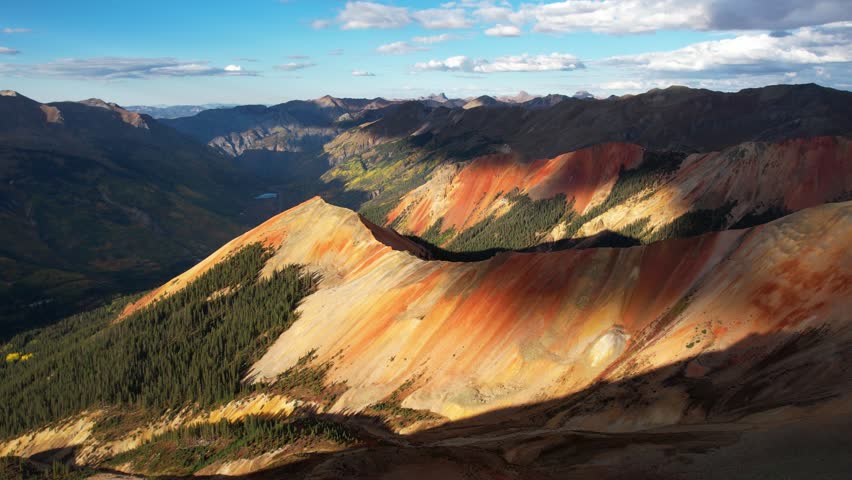 Aerial View of Red Mountain, San Juan Mountains, Colorado USA, Scenic Reddish Peak Under Clouds Shadows