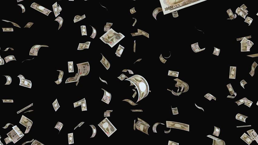 Falling Japanese Yen banknotes on black background