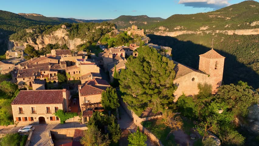 Aerial view of historic mountain moorish village of Siurana in Catalunya, Spain, tourist destination in Catalunya, Spanish cultural heritage