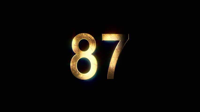 Gold number 87 with gold particles and transparent background, number eighty seven