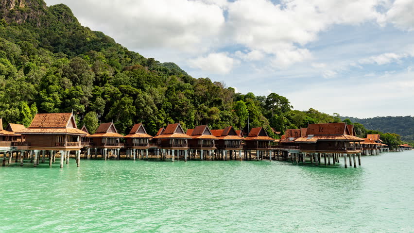 timelapse of paradise bungalows over the sea in langkawi malaysia