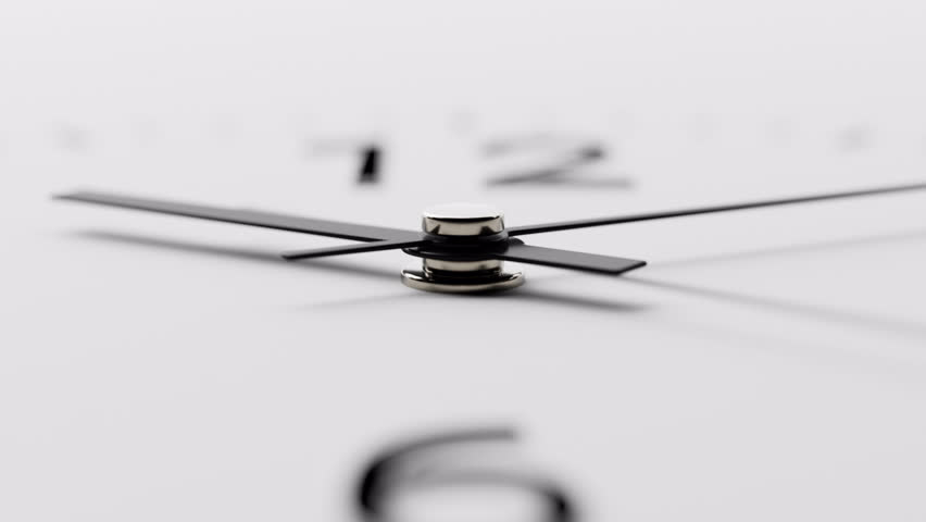 Close-up time-lapse of minimalist classic black wall clock, neutral light white background, soft sunlight, day to night transition, zoom out effect