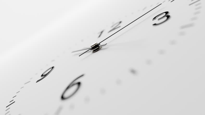 Close-up macro 3d time-lapse of minimalist classic black wall clock, neutral light white background, day to night transition, rotating camera movement
