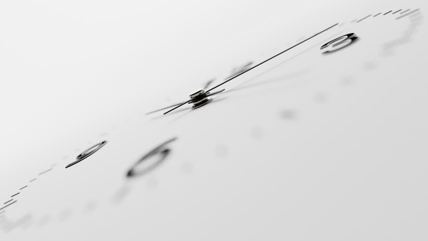 Close-up macro 3d time-lapse of minimalist classic black wall clock, neutral light white background, day to night transition, rotating camera movement