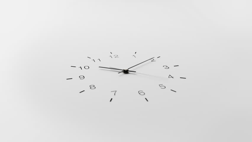 Close-up macro 3d time-lapse of minimalist classic black wall clock spin, neutral light white background, day to night transition, rotating camera movement