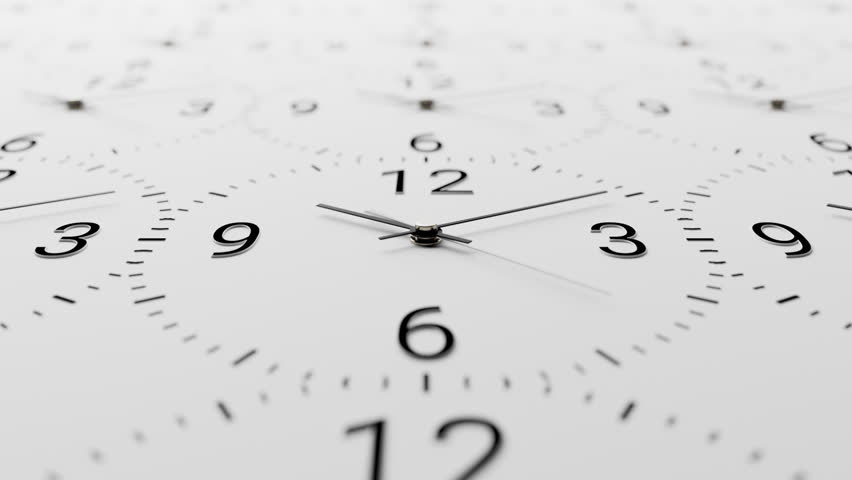 Close-up 3d time-lapse of many minimalist classic black wall clocks, neutral light white background, day to night transition, slide camera movement