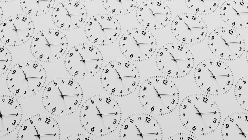 3d time-lapse of many minimalist classic black wall clocks, neutral light white background, day to night transition, slide camera movement