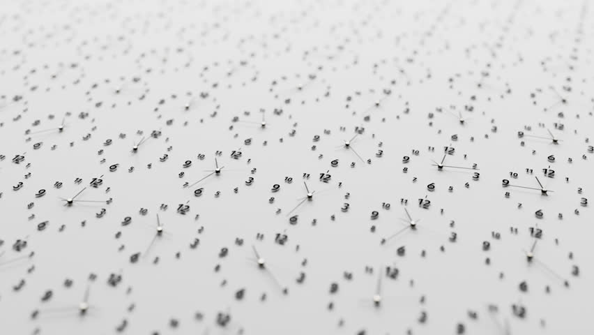 3d time-lapse of many minimalist classic black wall clocks, neutral light white background, day to night transition, slide camera movement