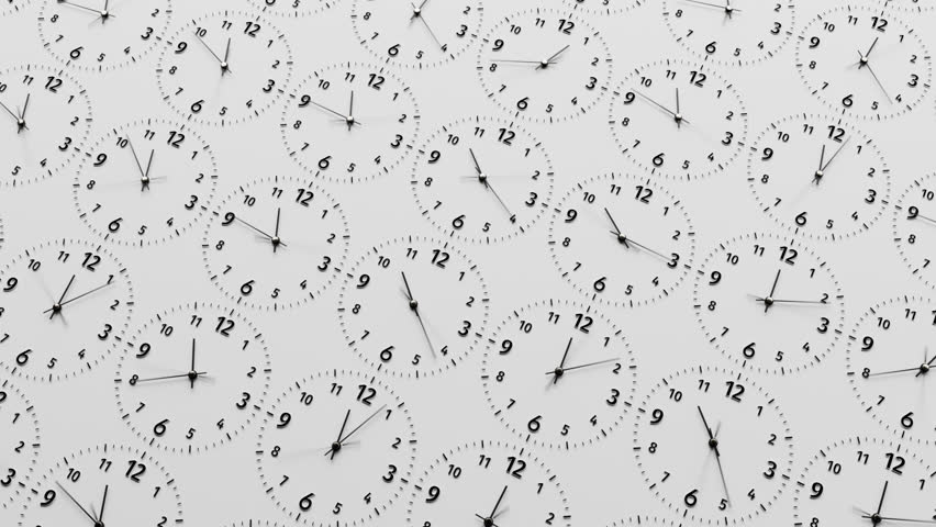 3d time-lapse of many minimalist classic black wall clocks, neutral light white background, day to night transition, slide camera movement