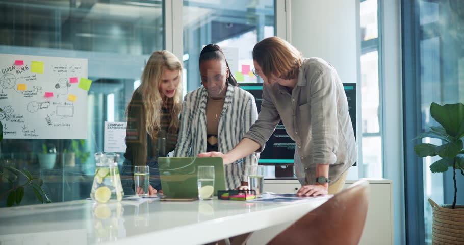 Meeting, office and business people with laptop for project feedback, research and creative ideas. Marketing agency, professional and men and women with documents for review, strategy and planning