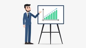 businessman character stands at empty flip chart board for presentation and points at it. copy space for text. 2d modern cartoon style animation. template for explainer video - Powered by Shutterstock - Get 15% off with code: PIKWIZARD15
