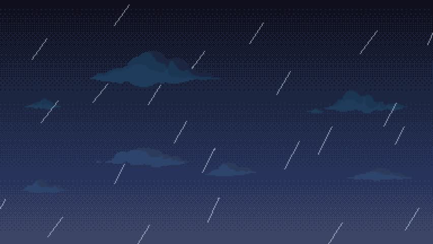 Pixel art rainy sky animation. Night dark blue animated background with rain drops and clouds. Seamless loop video.