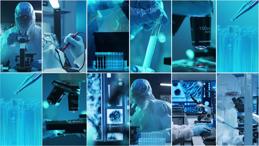 Technology and medical concept. Scientists, lab equipment and microscopes in biomedical innovations and clinical studies. Ideal for educational content. Vertical videos.