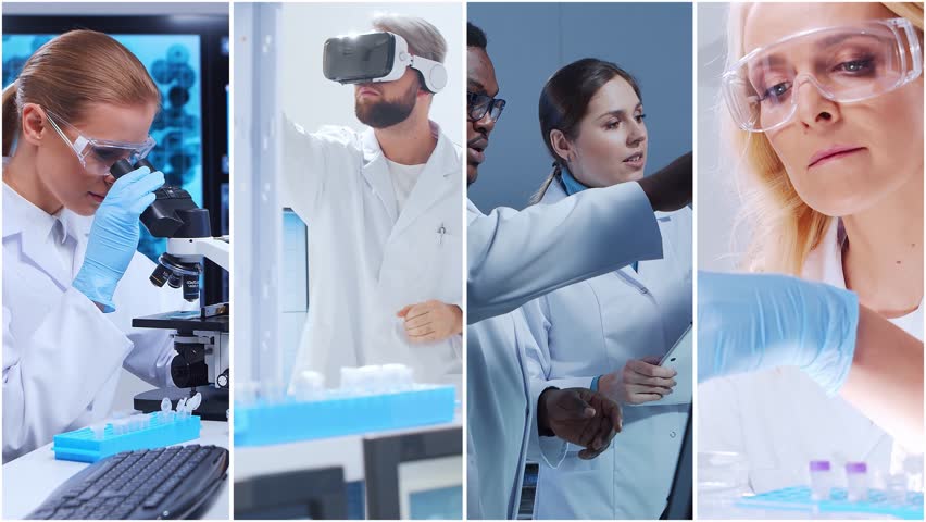 Technology and medical concept. Scientists, lab equipment and microscopes in biomedical innovations and clinical studies. Ideal for educational content. Vertical videos.