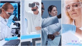 Technology and medical concept. Scientists, lab equipment and microscopes in biomedical innovations and clinical studies. Ideal for educational content. Vertical videos. - Powered by Shutterstock - Get 15% off with code: PIKWIZARD15
