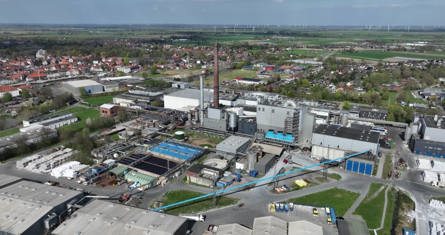 paper recycling, factory, for renewable mateirals. Aerial view.