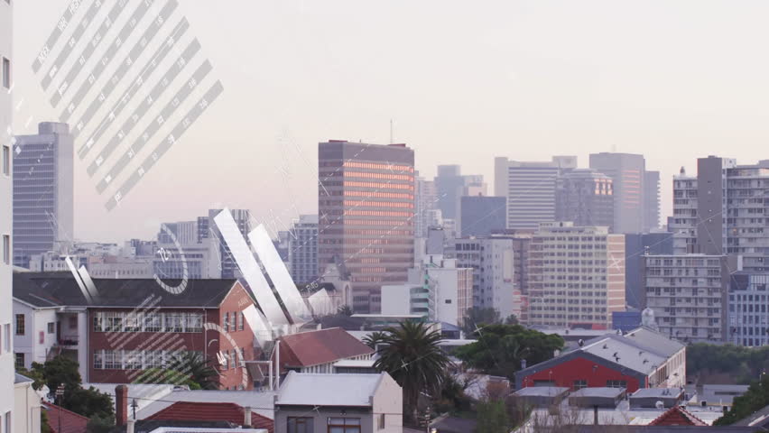 Displaying data overlay floating over city skyline, with triangular polygon and pie-chart icons. Urban, modern, futuristic, technology, analytics, data visualization, cityscape - Powered by Shutterstock - Get 15% off with code: PIKWIZARD15