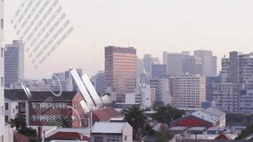 Displaying data overlay floating over city skyline, with triangular polygon and pie-chart icons. Urban, modern, futuristic, technology, analytics, data visualization, cityscape - Powered by Shutterstock - Get 15% off with code: PIKWIZARD15