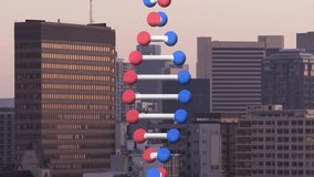 3D stylized helix floating above urban skyline at dusk, showing red blue spheres linked by rods. Abstract, futuristic, digital, innovative, vibrant, symmetry, architecture - Powered by Shutterstock - Get 15% off with code: PIKWIZARD15