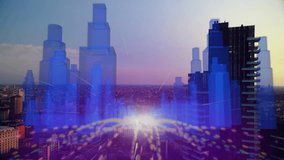 Dark high-rise building being animated in 3D render, showing floating blue data bars and nodes. Urban, skyline, technology, digital, analytics, infrastructure, futuristic - Powered by Shutterstock - Get 15% off with code: PIKWIZARD15