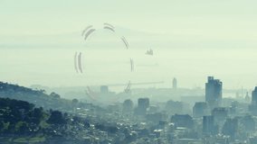 Futuristic HUD interface being displayed over misty urban cityscape, with wireframe head and graphs. Futuristic, technology, data, digital, city, skyline, innovation - Powered by Shutterstock - Get 15% off with code: PIKWIZARD15