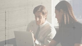 Coworkers collaborating over laptop in modern office, showing animated business graphs and charts. Business, teamwork, innovation, workplace, communication, technology, success - Powered by Shutterstock - Get 15% off with code: PIKWIZARD15