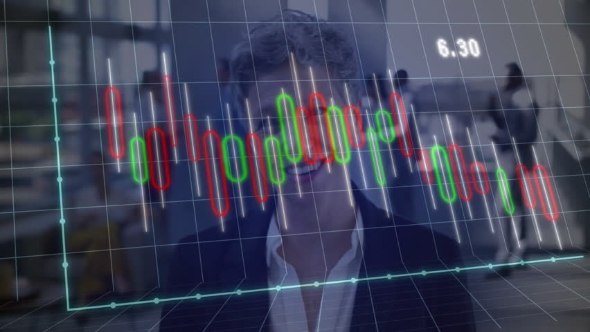 businesswoman examining candlestick chart overlay with red green bars, colleagues moving behind. Corporate, finance, analytics, professional, teamwork, productivity, modern - Powered by Shutterstock - Get 15% off with code: PIKWIZARD15