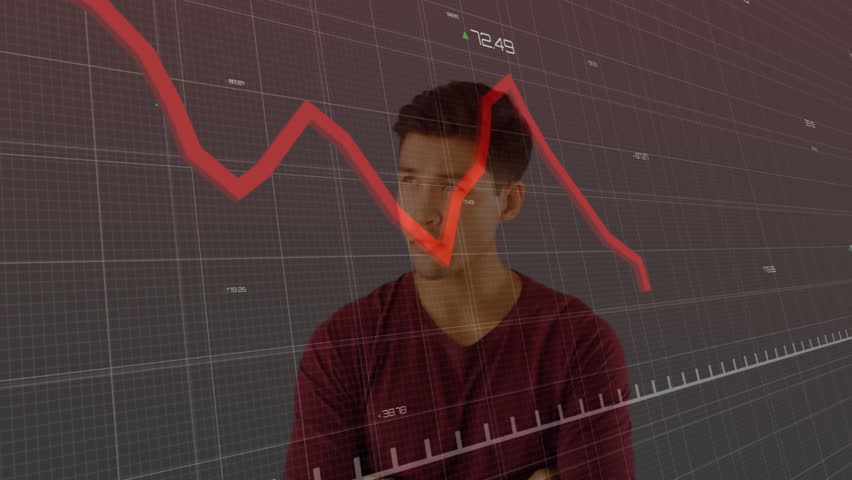 Man crossing arms in finance scene, displaying grid overlay with red downward line and green arrows. Technology, analytics, data visualization, business, finance, digital, professional - Powered by Shutterstock - Get 15% off with code: PIKWIZARD15