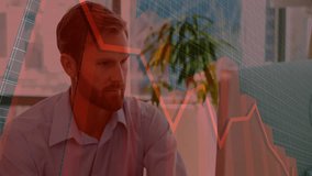 Businessman smiling and looking right in office, with animated 3D bar charts and falling line graph. Professional, urban, modern, data visualization, technology, workspace, corporate - Powered by Shutterstock - Get 15% off with code: PIKWIZARD15