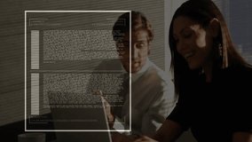 technology team collaborating on laptop, visualizing data with animated code and chart overlay. Innovation, teamwork, digital, analytics, modern, professional, coding - Powered by Shutterstock - Get 15% off with code: PIKWIZARD15