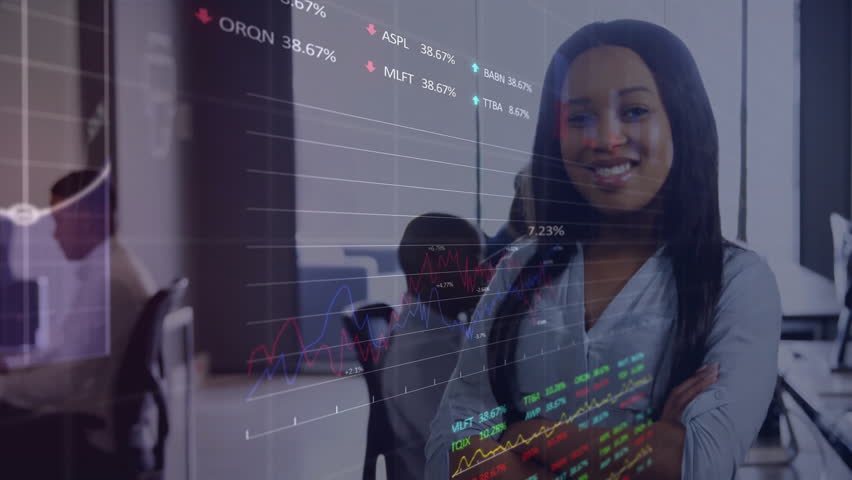 Female executive standing in modern finance office, with floating stock charts on glass. Business, teamwork, technology, collaboration, modern, innovation, professional - Powered by Shutterstock - Get 15% off with code: PIKWIZARD15