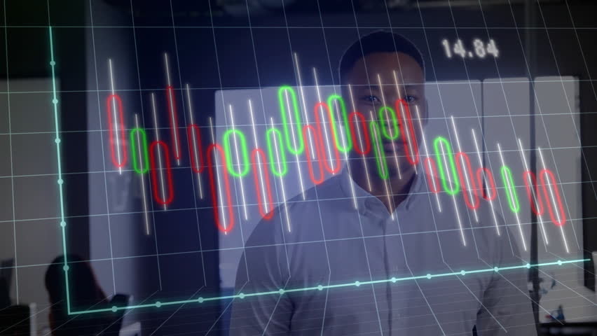 team collaborating in finance office, man reviewing candlestick charts with glowing grid overlay. Finance, analytics, data, professional, modern, teamwork, digital - Powered by Shutterstock - Get 15% off with code: PIKWIZARD15