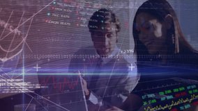 Two professionals collaborating at desk in finance office, overlaying stock charts and binary code. Business, teamwork, technology, innovation, data, corporate, analysis - Powered by Shutterstock - Get 15% off with code: PIKWIZARD15