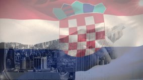 Croatian flag waving over gray city skyline, showing handshake silhouette under bright sun flare. Patriotism, nationalism, modern, urban, symbolism, architecture, digitalart - Powered by Shutterstock - Get 15% off with code: PIKWIZARD15