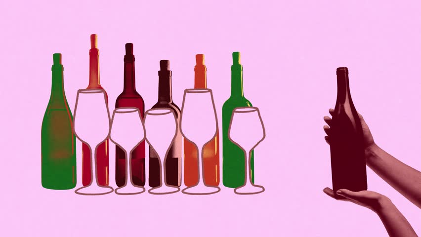 Hand pouring red wine into different size of glasses standing in a line with bottles behind. Stop motion, animation. Concept of drink, winery, taste, party, wine and dine, restaurant