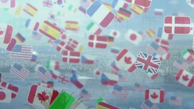 National flag globe floating over port while flag cubes drifting around in 3D render. Diplomacy, unity, globalization, multicultural, innovation, connectivity, modern - Powered by Shutterstock - Get 15% off with code: PIKWIZARD15