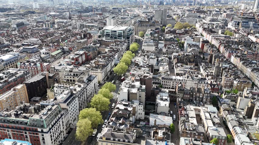 Centre of London viewed aerial view 2025 near Regents street and Oxford Street