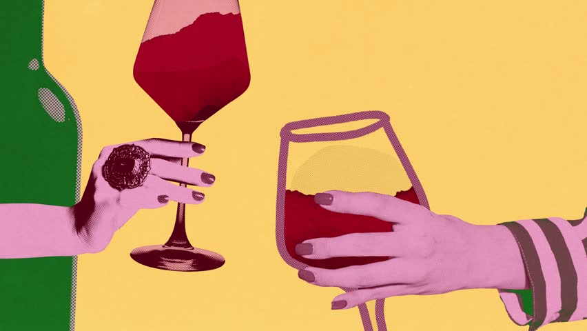 Two with glasses of red wine, toasting against yellow background. Pop art. Moment of celebration. Stop motion, animation. Concept of drink, winery, taste, party, wine culture, wine and dine