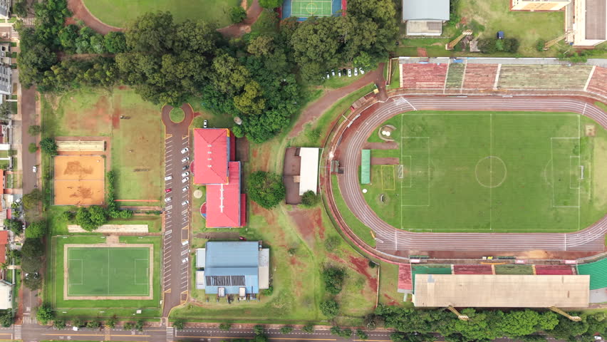 Top view of football stadium in Paraná, Brazil, sports infrastructure in rural area