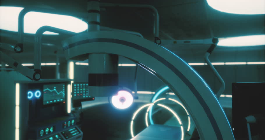 A futuristic operating room features advanced medical equipment including robotic technology and illuminated screens. The design emphasizes innovative healthcare solutions in a sterile environment.