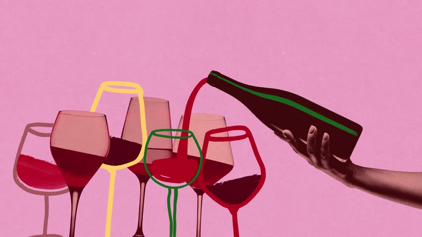 Wine pouring into collection of colorful wine glasses, each unique in shape. Diversity in wine drinking. Stop motion, animation. Pop art design. Concept of drink, winery, taste, party, wine culture