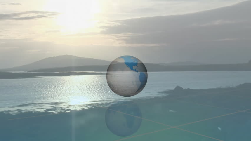 Digital 3D globe spinning above grid, showing floating country flag icons over lakeside sunrise. Global, technology, innovation, futuristic, landscape, serenity, connectivity - Powered by Shutterstock - Get 15% off with code: PIKWIZARD15
