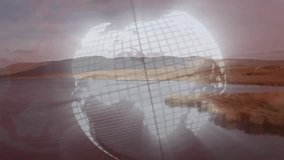 Digital wireframe globe floating over rural lakeside scene, showing grid pattern in 3D render. Geography, technology, futurism, landscape, tranquility, innovation, nature - Powered by Shutterstock - Get 15% off with code: PIKWIZARD15