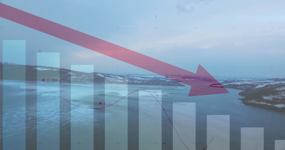 Animated illustration displaying red arrow over snowy view with data bars, line graph, and markers. Data visualization, analytics, weather data, winter landscape, infographic, mountain terrain, remote