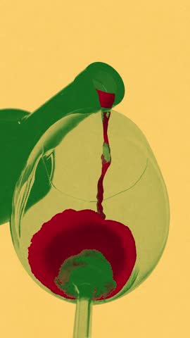 Green bottle pouring red wine into wine glass from above on yellow background. Stop motion, animation. Pop art design. Concept of drink, winery, taste, party, wine culture, wine and dine