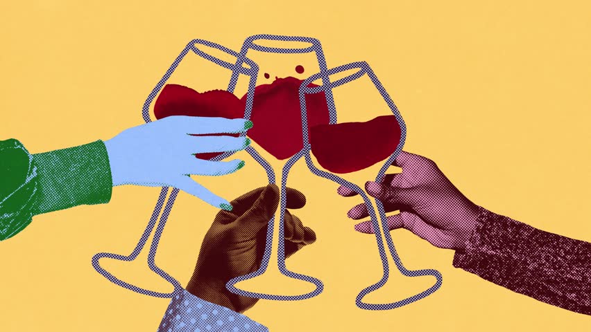 Three hands raising wine glasses filled with red wine against bold yellow background. Cheers. Stop motion, animation. Pop art design. Concept of drink, winery, taste, party, wine culture