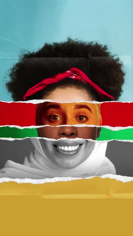 Bold torn paper composition made of different women face parts, creating portrait of woman. Stop motion, animation. Cultural pride. Concept of human diversity, emotions, equality